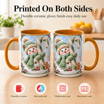 #pl[15oz|Orange] Snowman Candy Cane Coffee Mug, Christmas Snowman Mug, Ceramic Cup