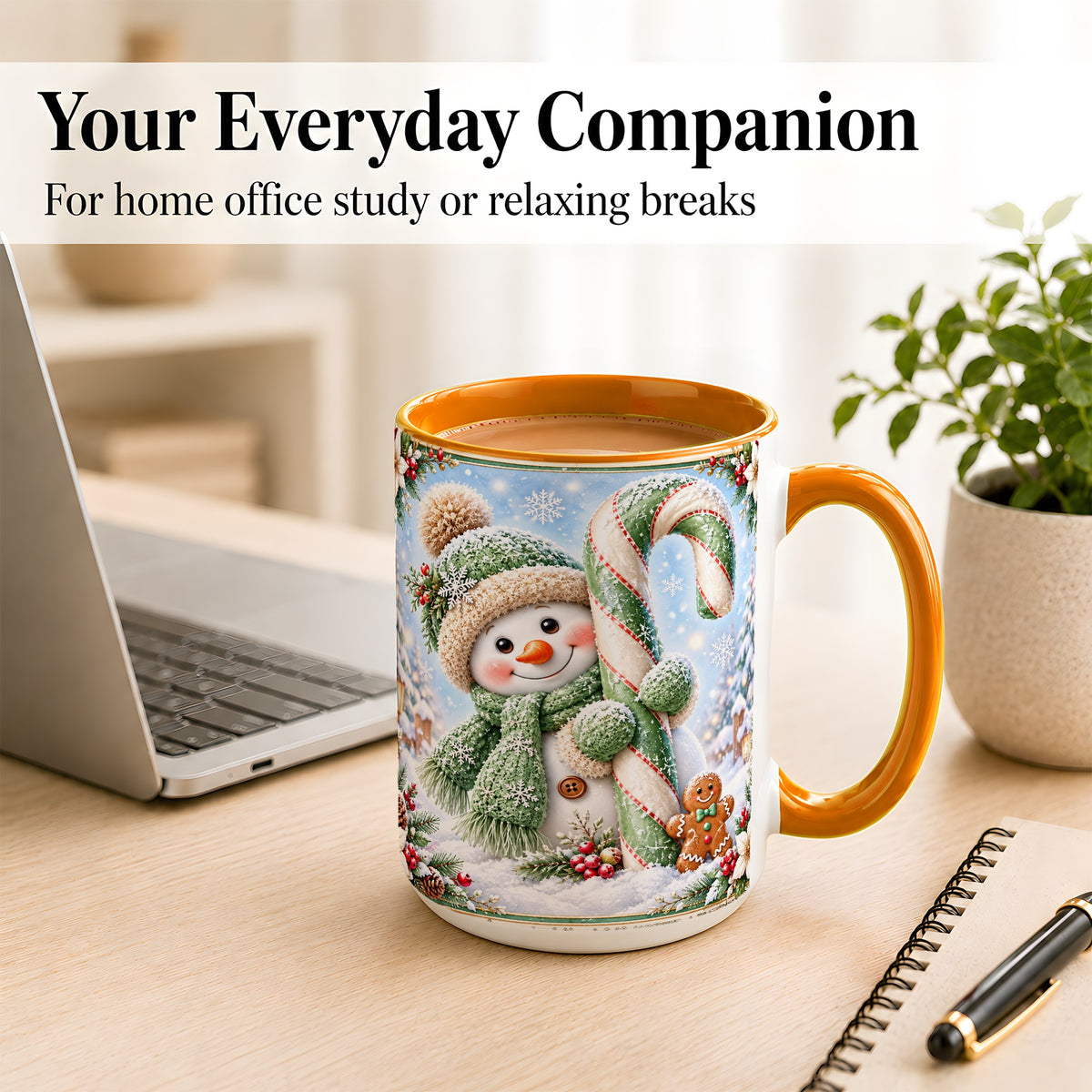 #pl[15oz|Orange] Snowman Candy Cane Coffee Mug, Christmas Snowman Mug, Ceramic Cup