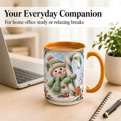 #pl[15oz|Orange] Snowman Candy Cane Coffee Mug, Christmas Snowman Mug, Ceramic Cup