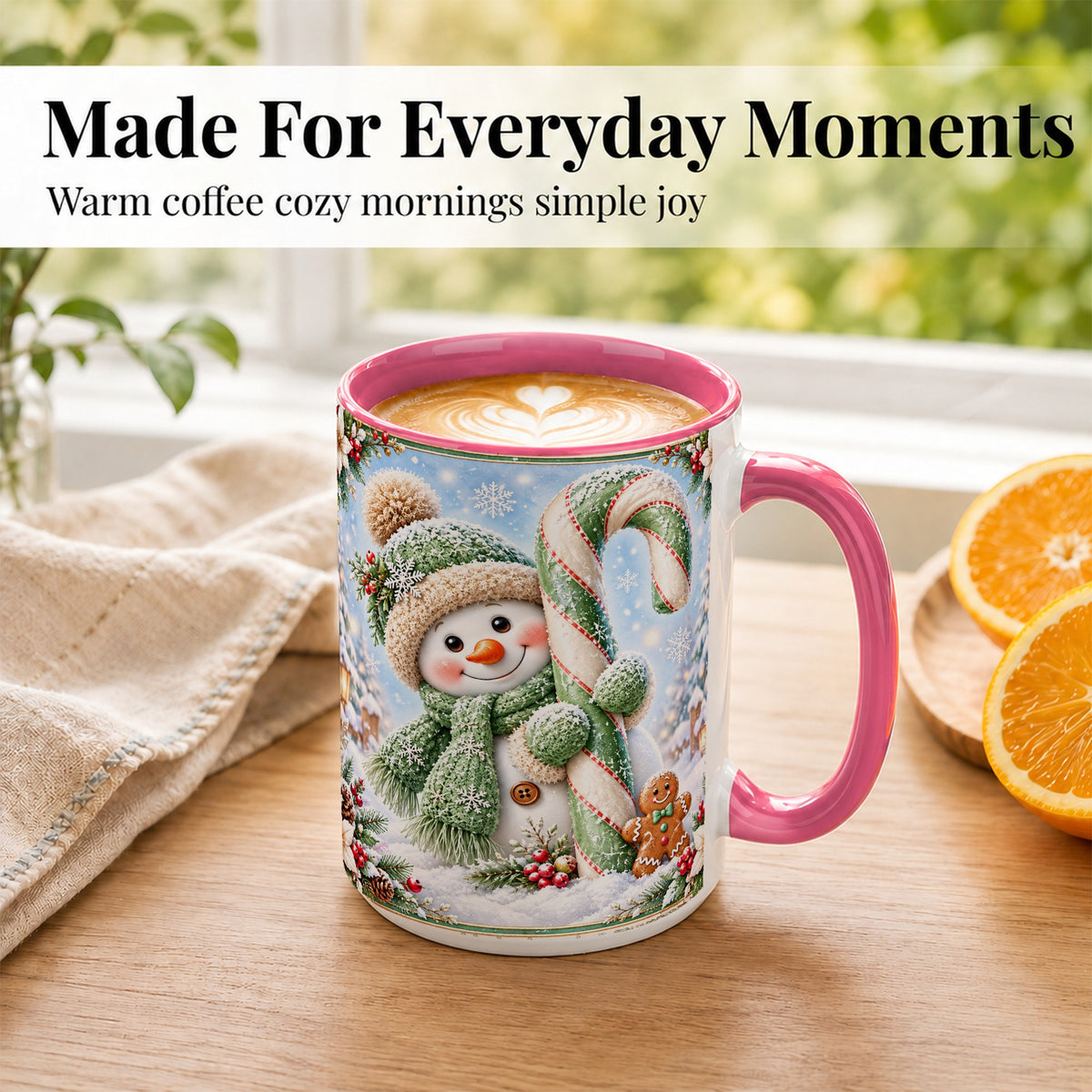 #pl[15oz|Pink] Snowman Candy Cane Coffee Mug, Christmas Snowman Mug, Ceramic Cup