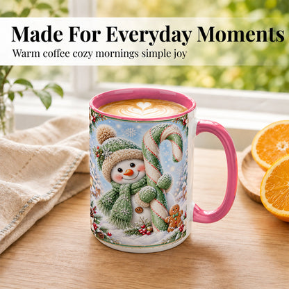 #pl[15oz|Pink] Snowman Candy Cane Coffee Mug, Christmas Snowman Mug, Ceramic Cup