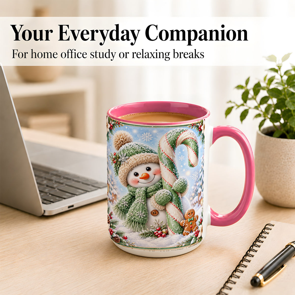 #pl[15oz|Pink] Snowman Candy Cane Coffee Mug, Christmas Snowman Mug, Ceramic Cup