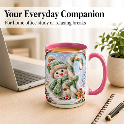#pl[15oz|Pink] Snowman Candy Cane Coffee Mug, Christmas Snowman Mug, Ceramic Cup