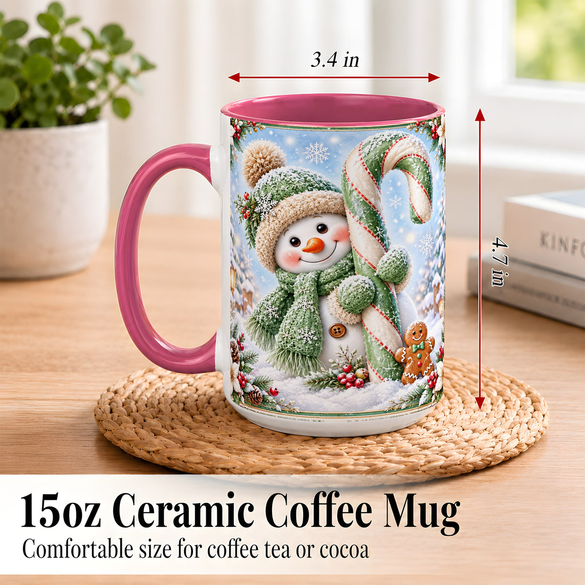 #pl[15oz|Pink] Snowman Candy Cane Coffee Mug, Christmas Snowman Mug, Ceramic Cup