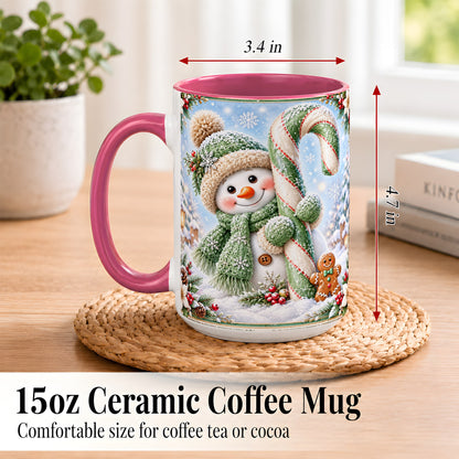 #pl[15oz|Pink] Snowman Candy Cane Coffee Mug, Christmas Snowman Mug, Ceramic Cup
