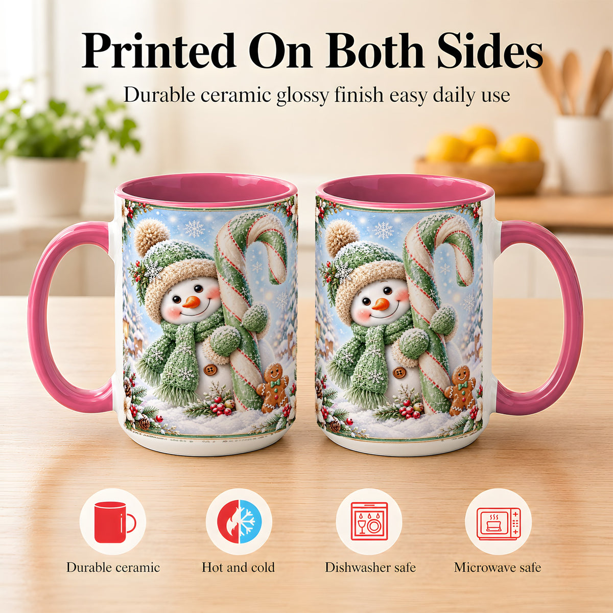 #pl[15oz|Pink] Snowman Candy Cane Coffee Mug, Christmas Snowman Mug, Ceramic Cup