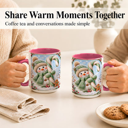 #pl[15oz|Pink] Snowman Candy Cane Coffee Mug, Christmas Snowman Mug, Ceramic Cup