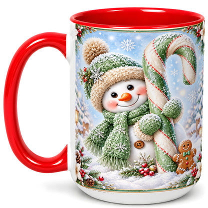 #pl[15oz|Red] Snowman Candy Cane Coffee Mug, Christmas Snowman Mug, Ceramic Cup