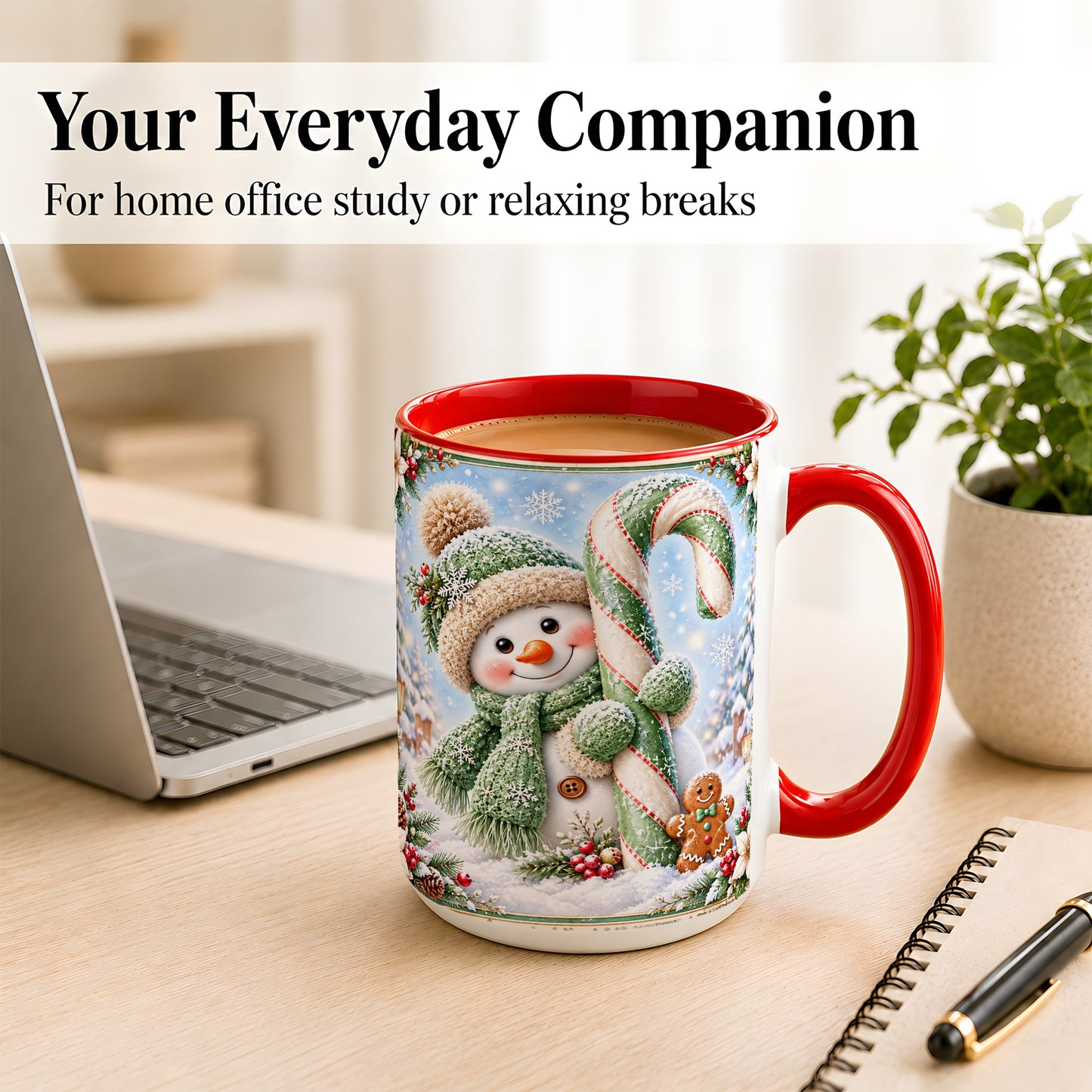 #pl[15oz|Red] Snowman Candy Cane Coffee Mug, Christmas Snowman Mug, Ceramic Cup