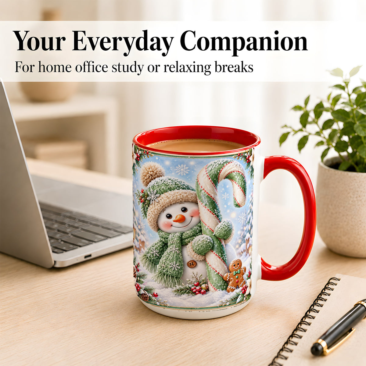 #pl[15oz|Red] Snowman Candy Cane Coffee Mug, Christmas Snowman Mug, Ceramic Cup