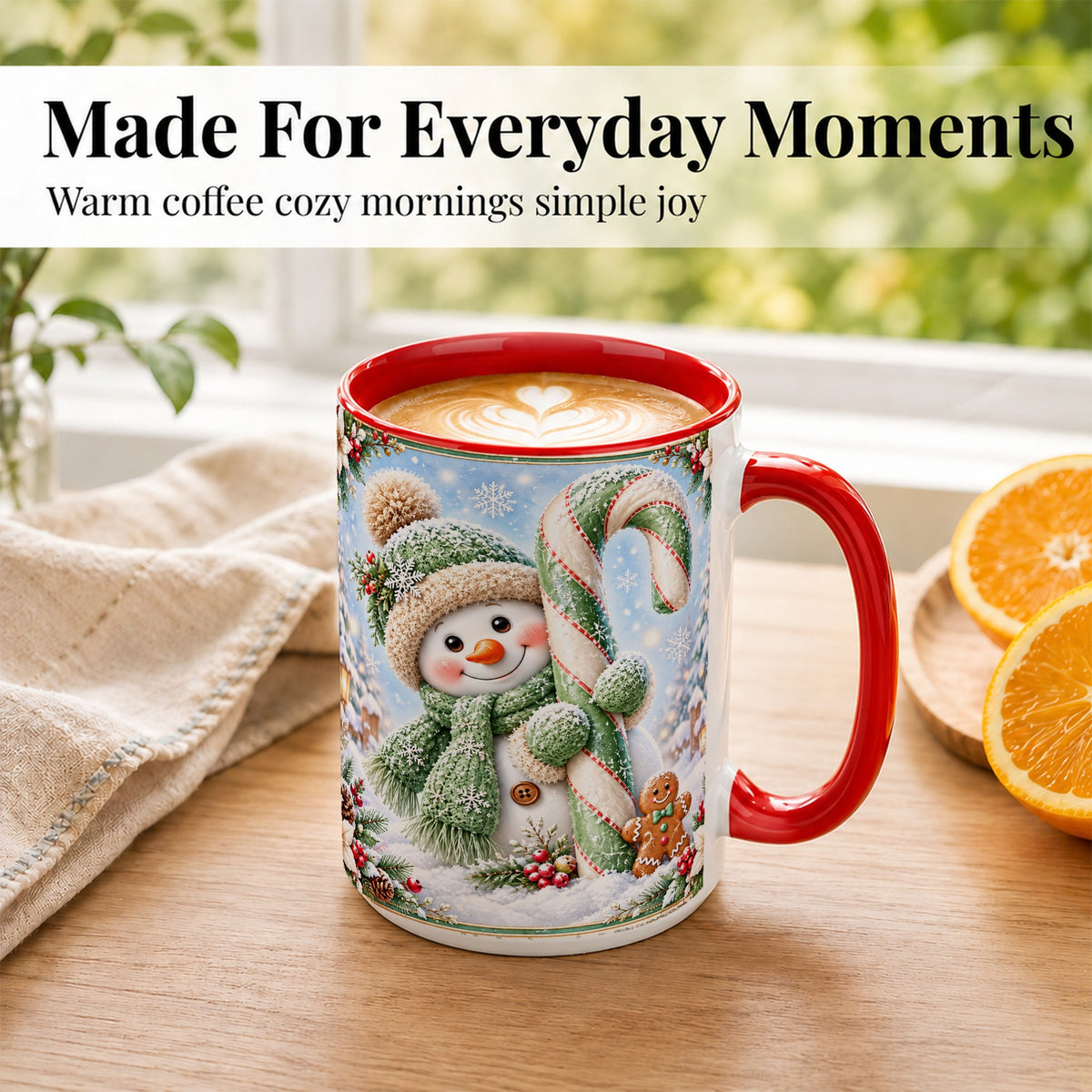 #pl[15oz|Red] Snowman Candy Cane Coffee Mug, Christmas Snowman Mug, Ceramic Cup