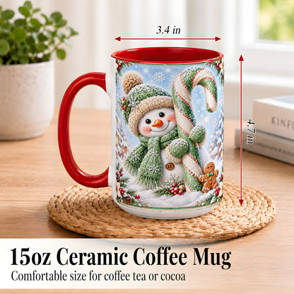 #pl[15oz|Red] Snowman Candy Cane Coffee Mug, Christmas Snowman Mug, Ceramic Cup