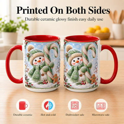 #pl[15oz|Red] Snowman Candy Cane Coffee Mug, Christmas Snowman Mug, Ceramic Cup