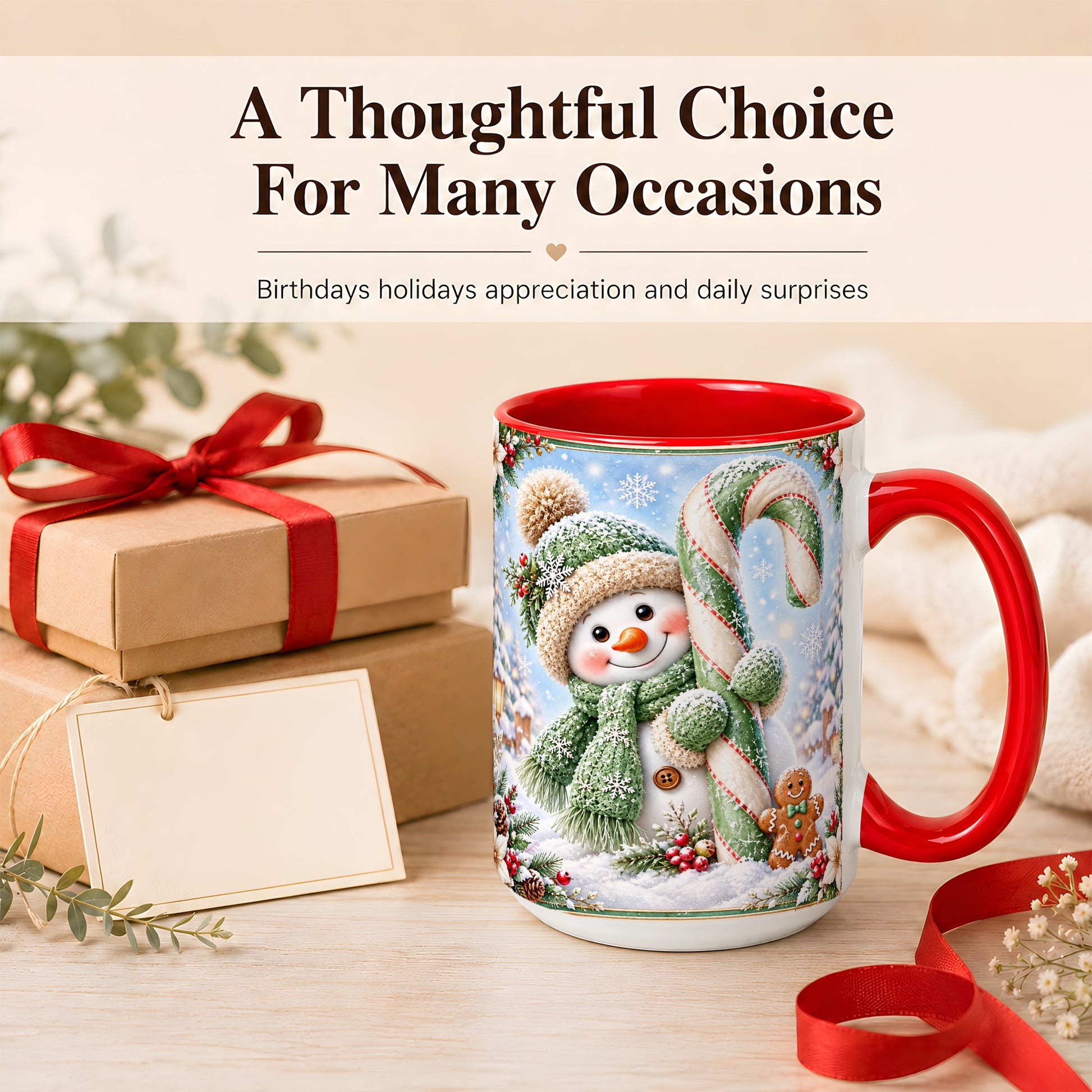 #pl[15oz|Red] Snowman Candy Cane Coffee Mug, Christmas Snowman Mug, Ceramic Cup