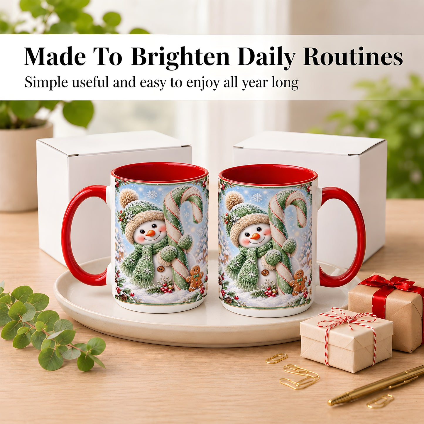 #pl[15oz|Red] Snowman Candy Cane Coffee Mug, Christmas Snowman Mug, Ceramic Cup