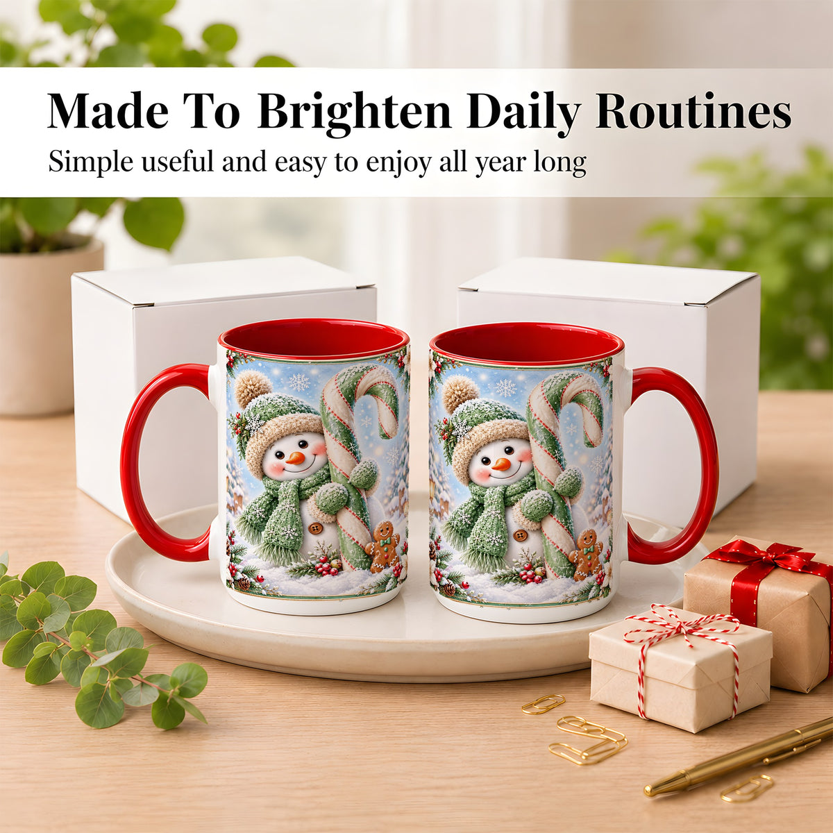 #pl[15oz|Red] Snowman Candy Cane Coffee Mug, Christmas Snowman Mug, Ceramic Cup