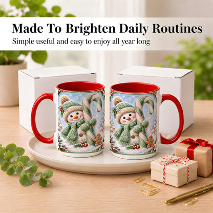 #pl[15oz|Red] Snowman Candy Cane Coffee Mug, Christmas Snowman Mug, Ceramic Cup