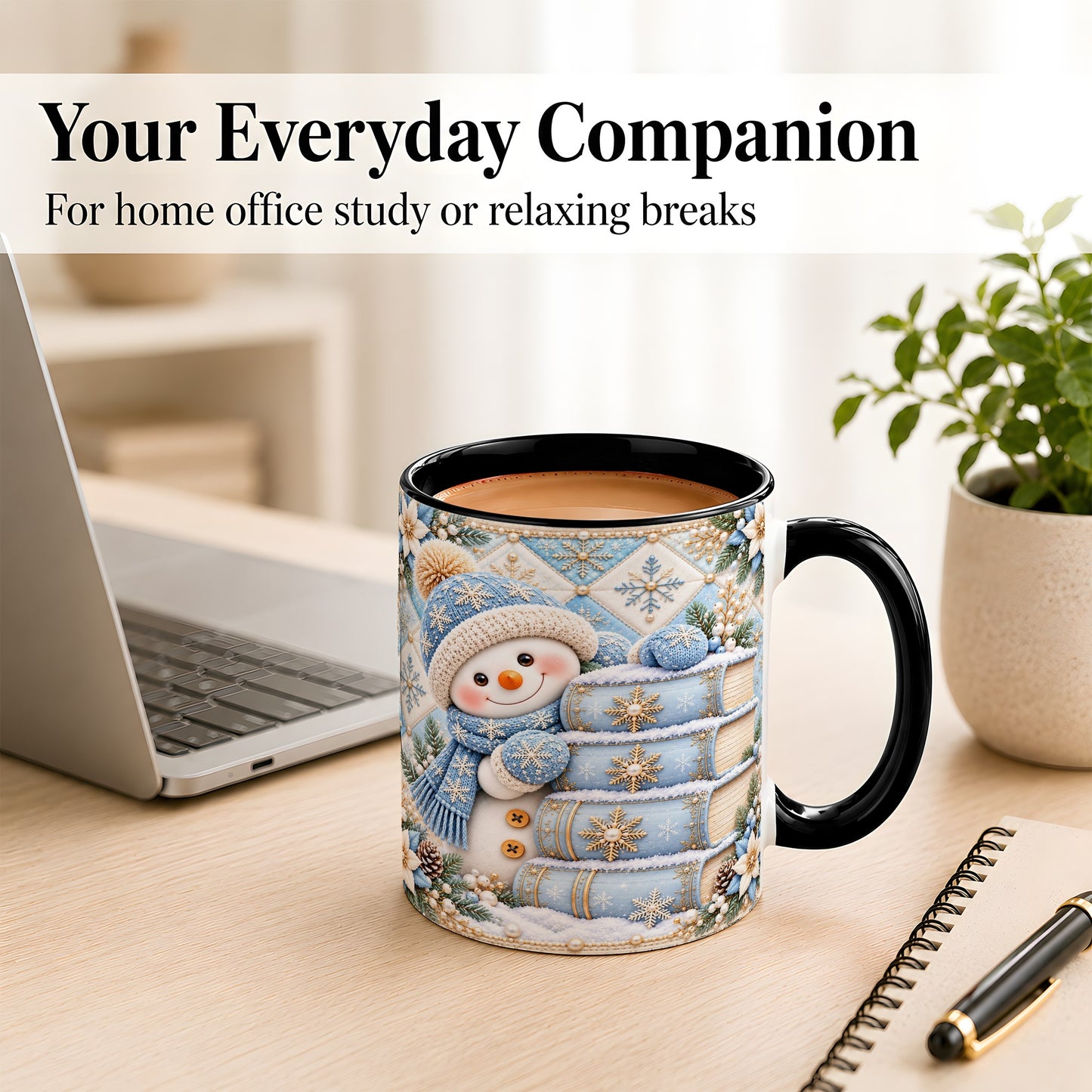 #pl[11oz|Black] Snowman Books Coffee Mug, Winter Reading Snowman Mug, Ceramic Cup