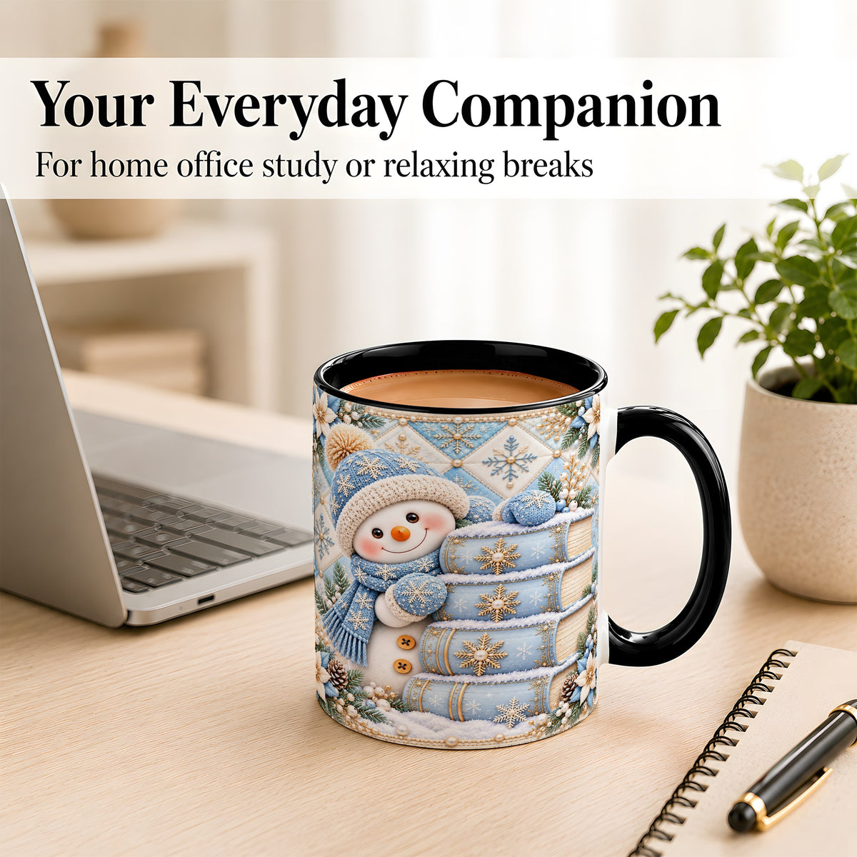 #pl[11oz|Black] Snowman Books Coffee Mug, Winter Reading Snowman Mug, Ceramic Cup