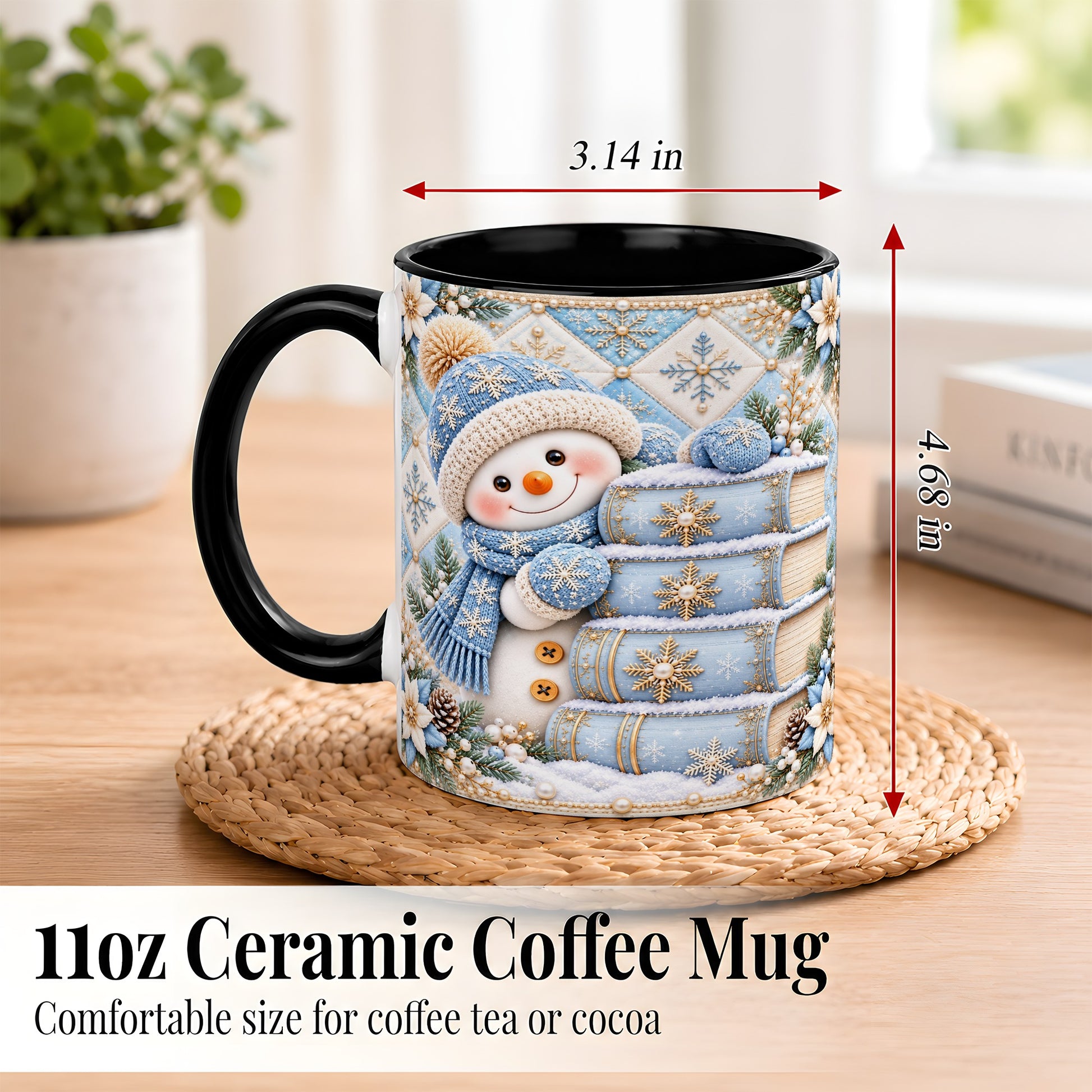 #pl[11oz|Black] Snowman Books Coffee Mug, Winter Reading Snowman Mug, Ceramic Cup