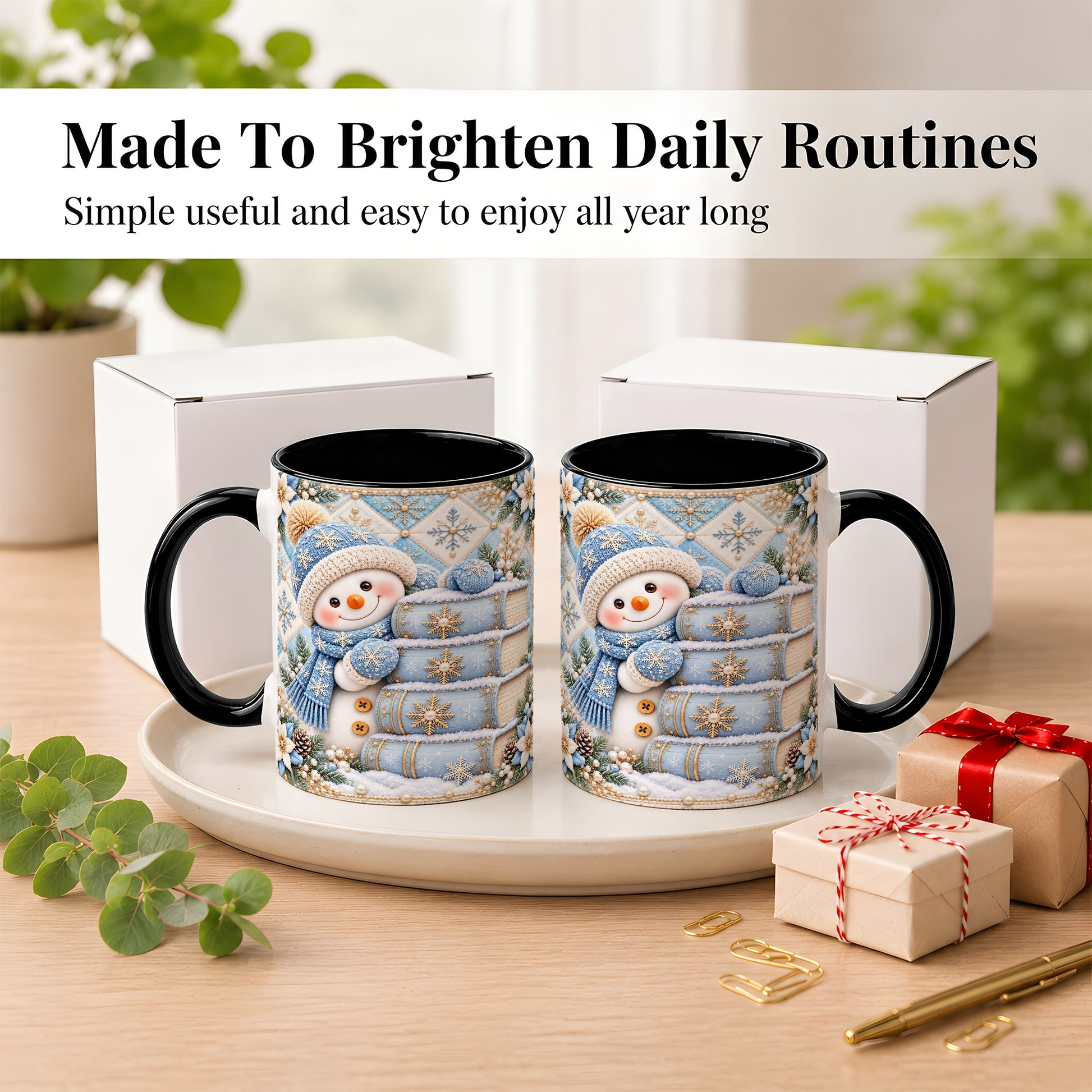 #pl[11oz|Black] Snowman Books Coffee Mug, Winter Reading Snowman Mug, Ceramic Cup