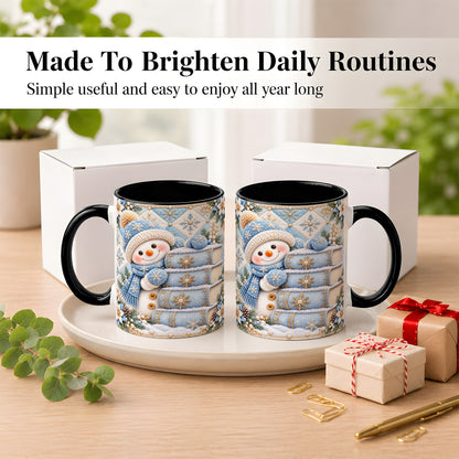 #pl[11oz|Black] Snowman Books Coffee Mug, Winter Reading Snowman Mug, Ceramic Cup