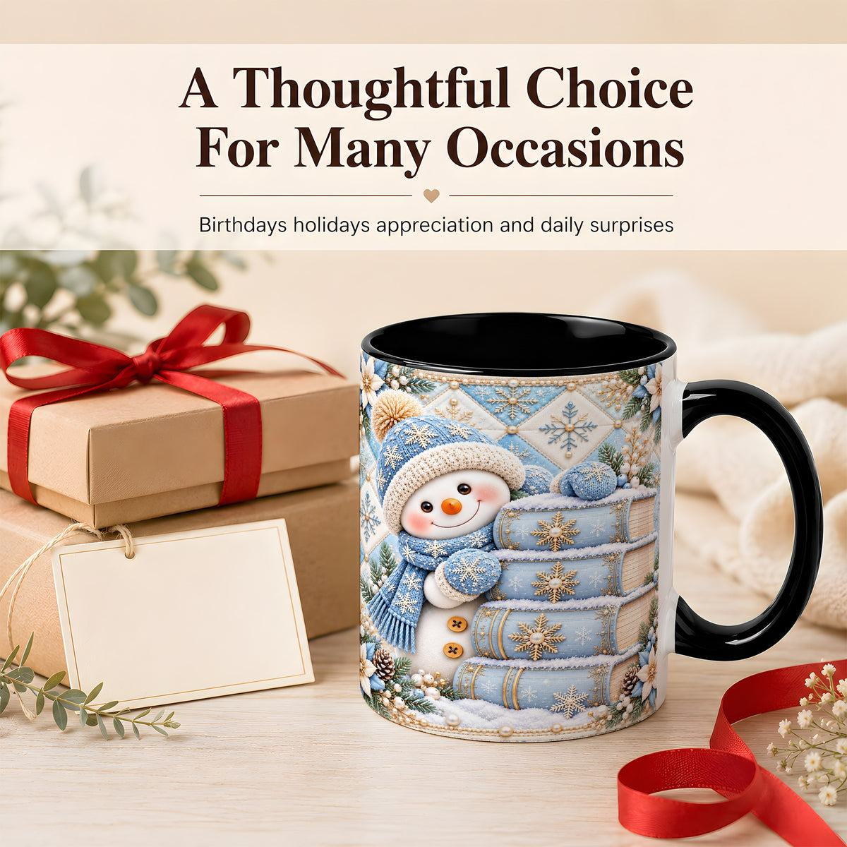 #pl[11oz|Black] Snowman Books Coffee Mug, Winter Reading Snowman Mug, Ceramic Cup