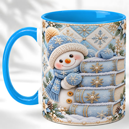 #pl[11oz|Blue] Snowman Books Coffee Mug, Winter Reading Snowman Mug, Ceramic Cup