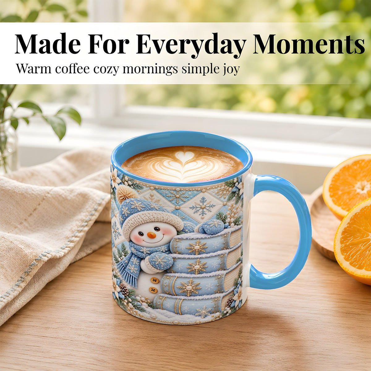 #pl[11oz|Blue] Snowman Books Coffee Mug, Winter Reading Snowman Mug, Ceramic Cup