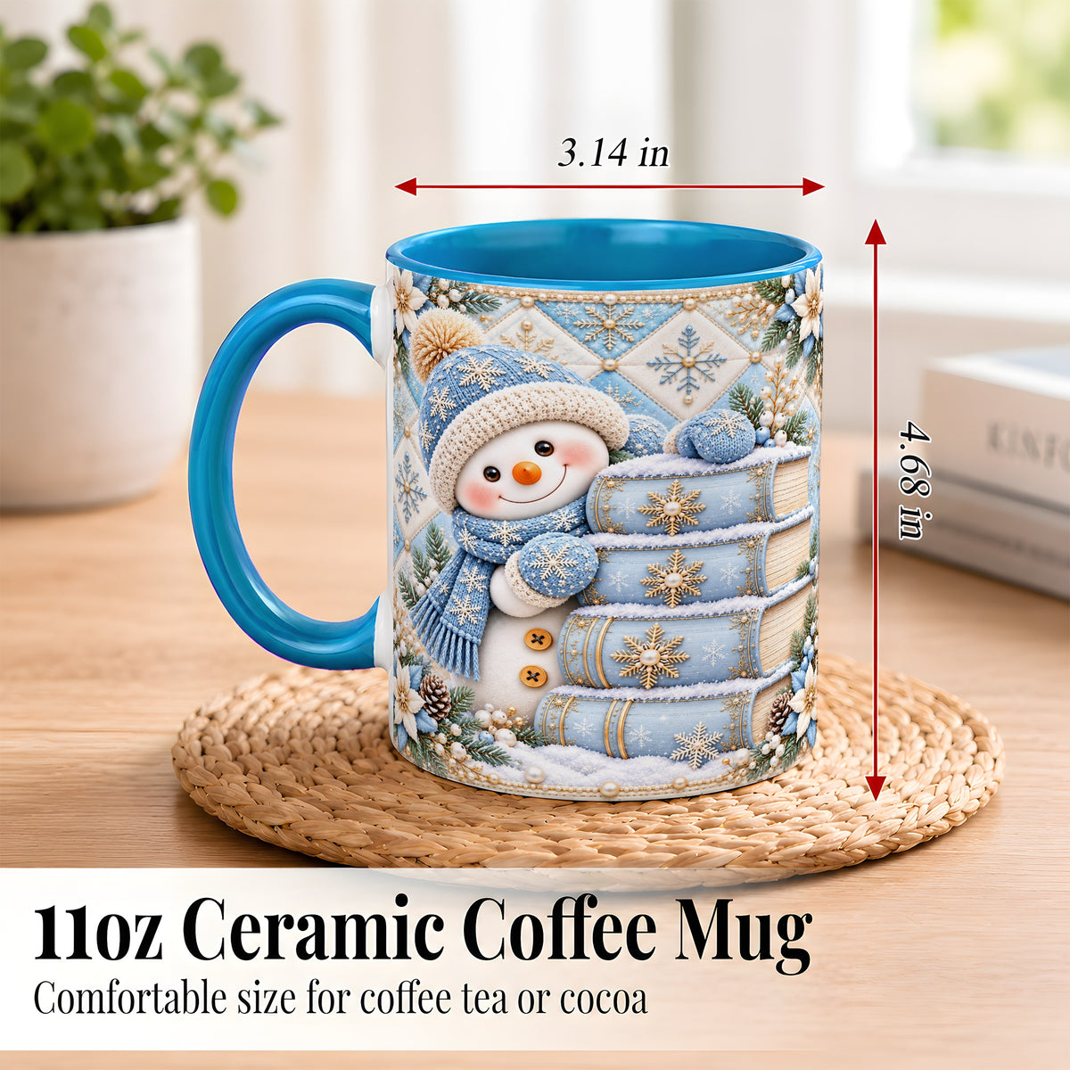 #pl[11oz|Blue] Snowman Books Coffee Mug, Winter Reading Snowman Mug, Ceramic Cup