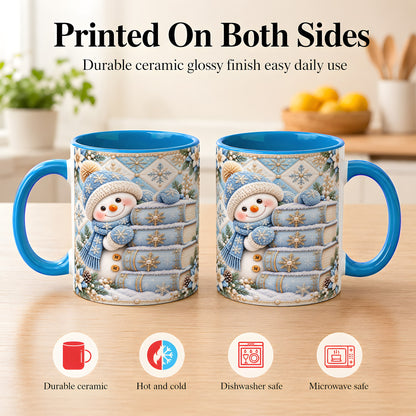 #pl[11oz|Blue] Snowman Books Coffee Mug, Winter Reading Snowman Mug, Ceramic Cup