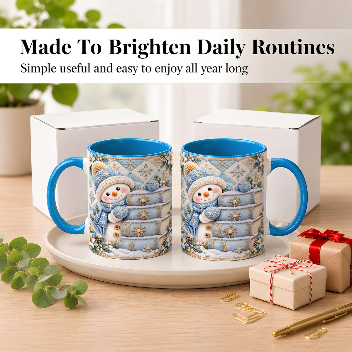 #pl[11oz|Blue] Snowman Books Coffee Mug, Winter Reading Snowman Mug, Ceramic Cup