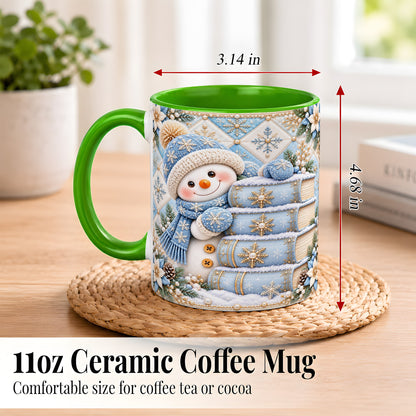 #pl[11oz|Green] Snowman Books Coffee Mug, Winter Reading Snowman Mug, Ceramic Cup