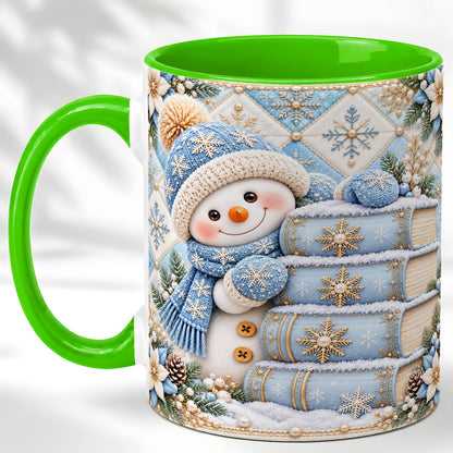 #pl[11oz|Green] Snowman Books Coffee Mug, Winter Reading Snowman Mug, Ceramic Cup