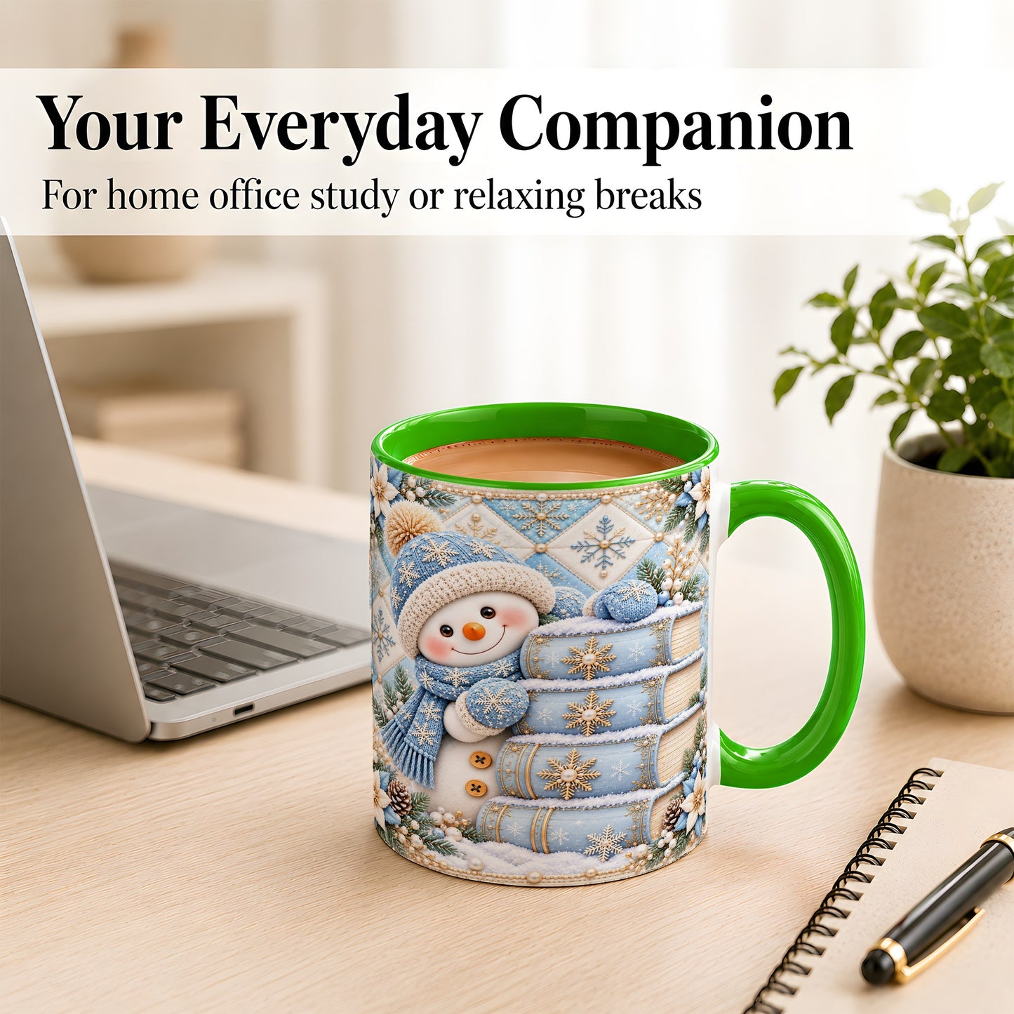 #pl[11oz|Green] Snowman Books Coffee Mug, Winter Reading Snowman Mug, Ceramic Cup