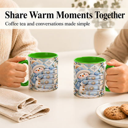 #pl[11oz|Green] Snowman Books Coffee Mug, Winter Reading Snowman Mug, Ceramic Cup
