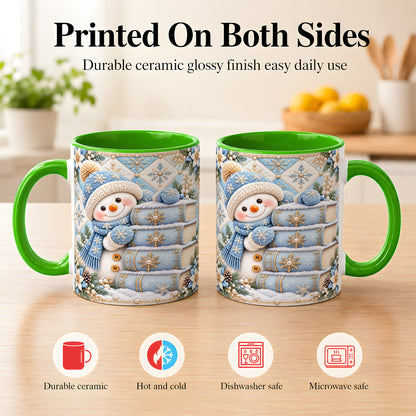 #pl[11oz|Green] Snowman Books Coffee Mug, Winter Reading Snowman Mug, Ceramic Cup
