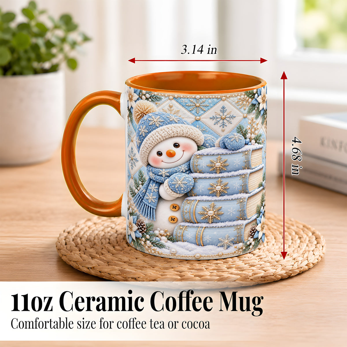 #pl[11oz|Orange] Snowman Books Coffee Mug, Winter Reading Snowman Mug, Ceramic Cup