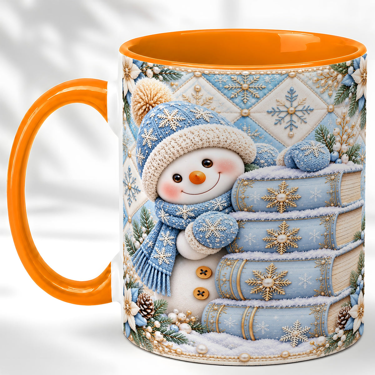 #pl[11oz|Orange] Snowman Books Coffee Mug, Winter Reading Snowman Mug, Ceramic Cup