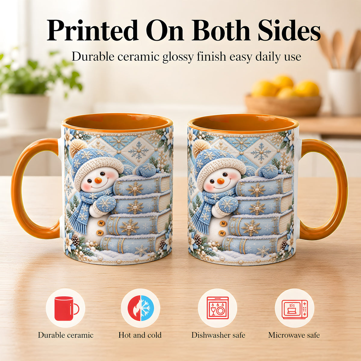 #pl[11oz|Orange] Snowman Books Coffee Mug, Winter Reading Snowman Mug, Ceramic Cup