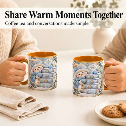#pl[11oz|Orange] Snowman Books Coffee Mug, Winter Reading Snowman Mug, Ceramic Cup