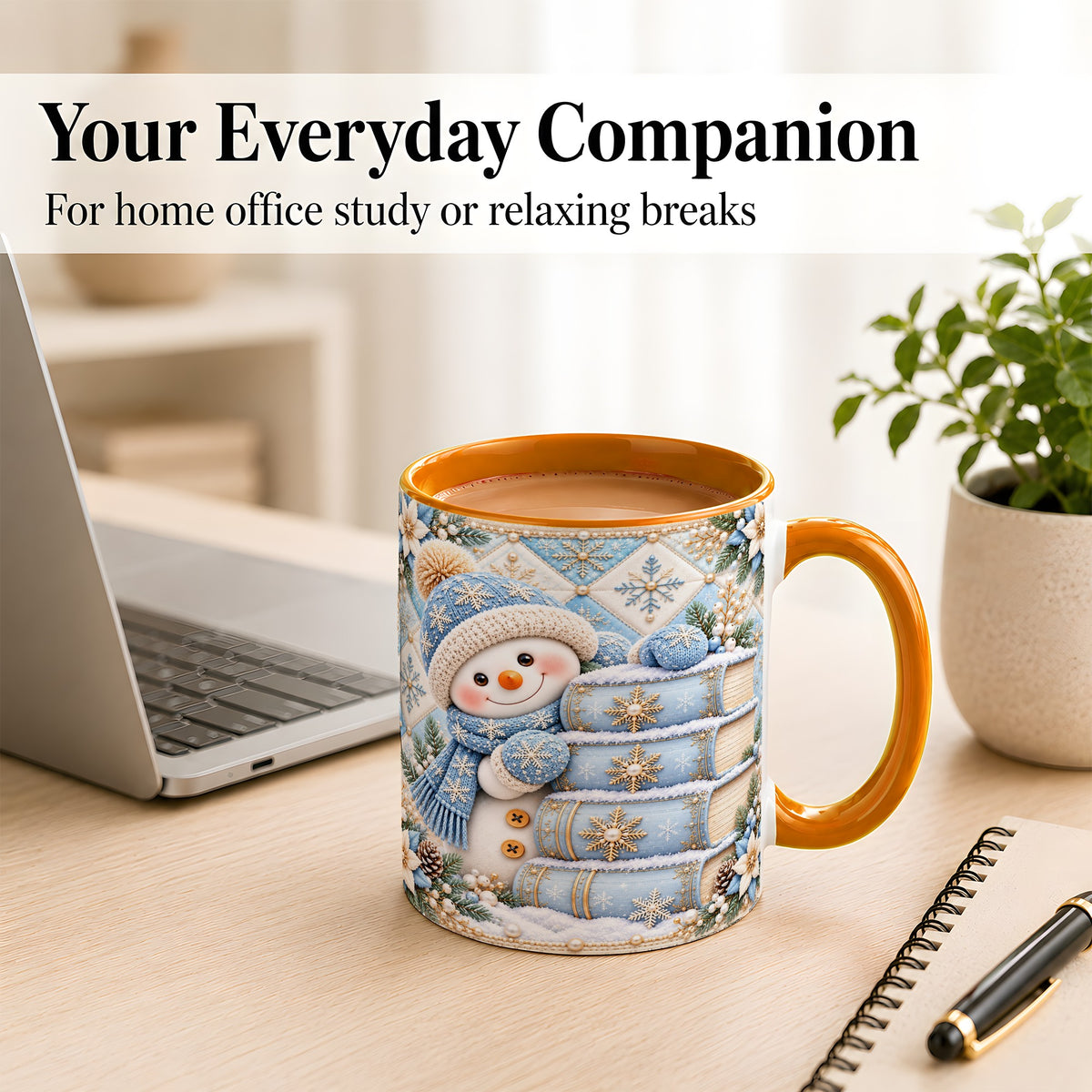 #pl[11oz|Orange] Snowman Books Coffee Mug, Winter Reading Snowman Mug, Ceramic Cup