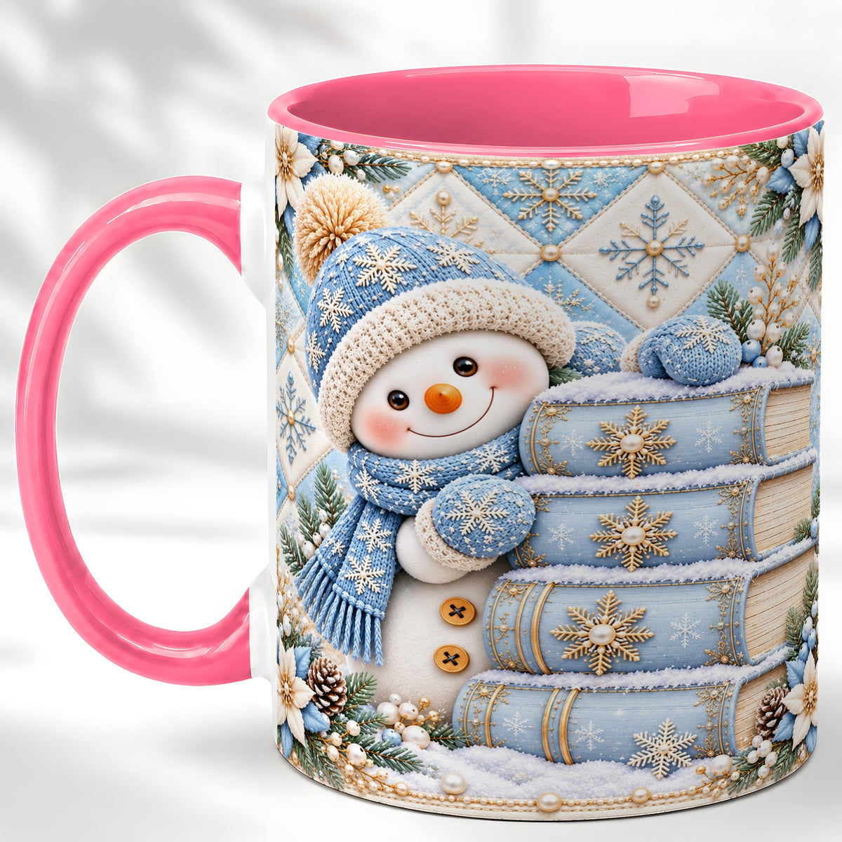 #pl[11oz|Pink] Snowman Books Coffee Mug, Winter Reading Snowman Mug, Ceramic Cup