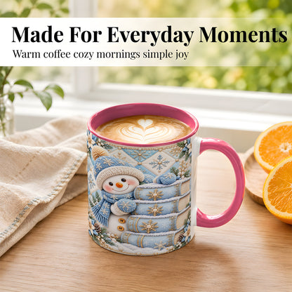 #pl[11oz|Pink] Snowman Books Coffee Mug, Winter Reading Snowman Mug, Ceramic Cup