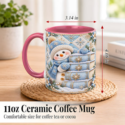 #pl[11oz|Pink] Snowman Books Coffee Mug, Winter Reading Snowman Mug, Ceramic Cup