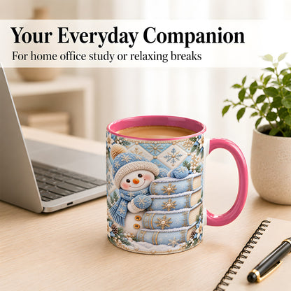 #pl[11oz|Pink] Snowman Books Coffee Mug, Winter Reading Snowman Mug, Ceramic Cup