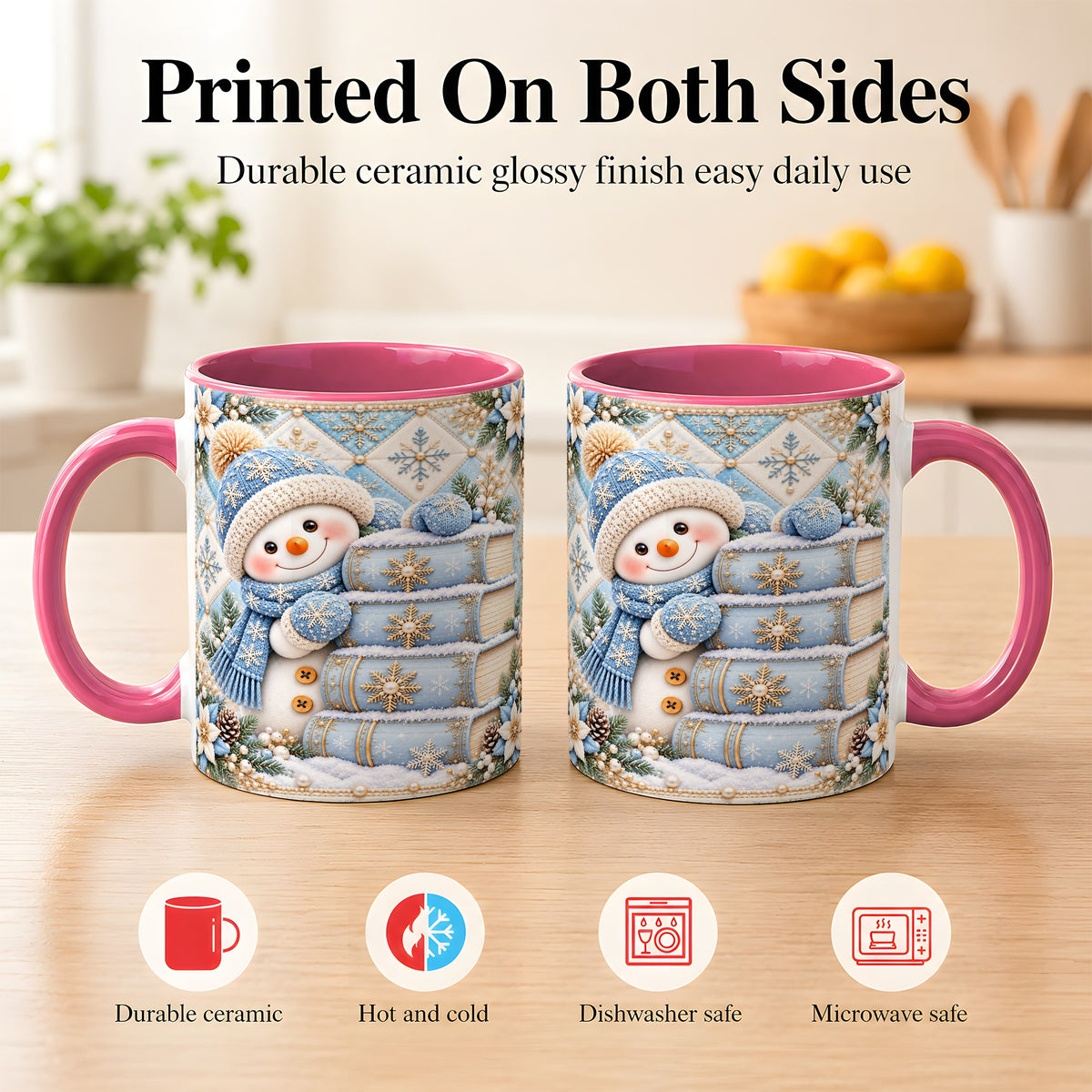#pl[11oz|Pink] Snowman Books Coffee Mug, Winter Reading Snowman Mug, Ceramic Cup