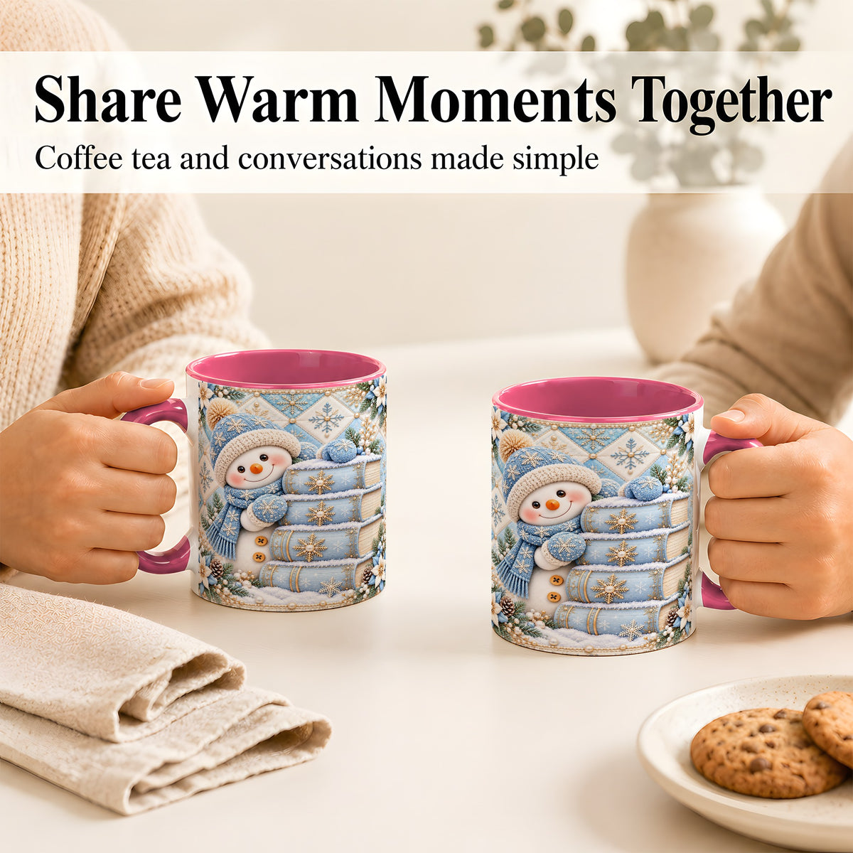 #pl[11oz|Pink] Snowman Books Coffee Mug, Winter Reading Snowman Mug, Ceramic Cup