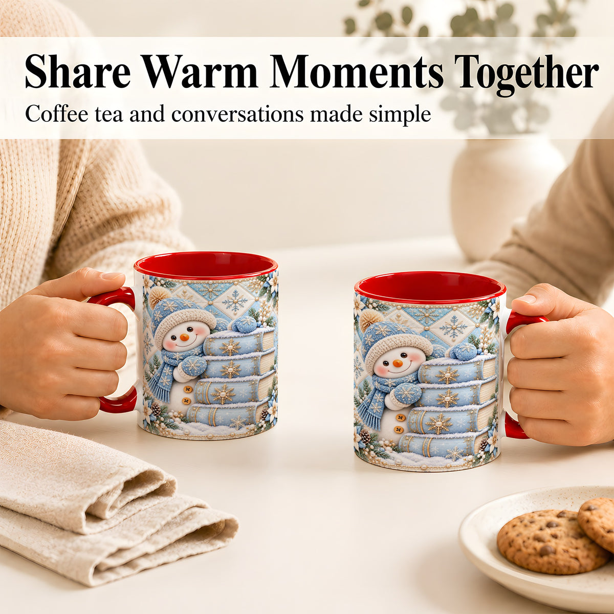 #pl[11oz|Red] Snowman Books Coffee Mug, Winter Reading Snowman Mug, Ceramic Cup