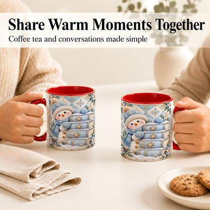 #pl[11oz|Red] Snowman Books Coffee Mug, Winter Reading Snowman Mug, Ceramic Cup